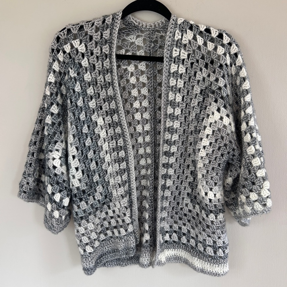 Hand Knit Openwork Crochet Granny Square Chunky Cardigan Boho Cottage Artsy Sz M - Picture 2 of 9